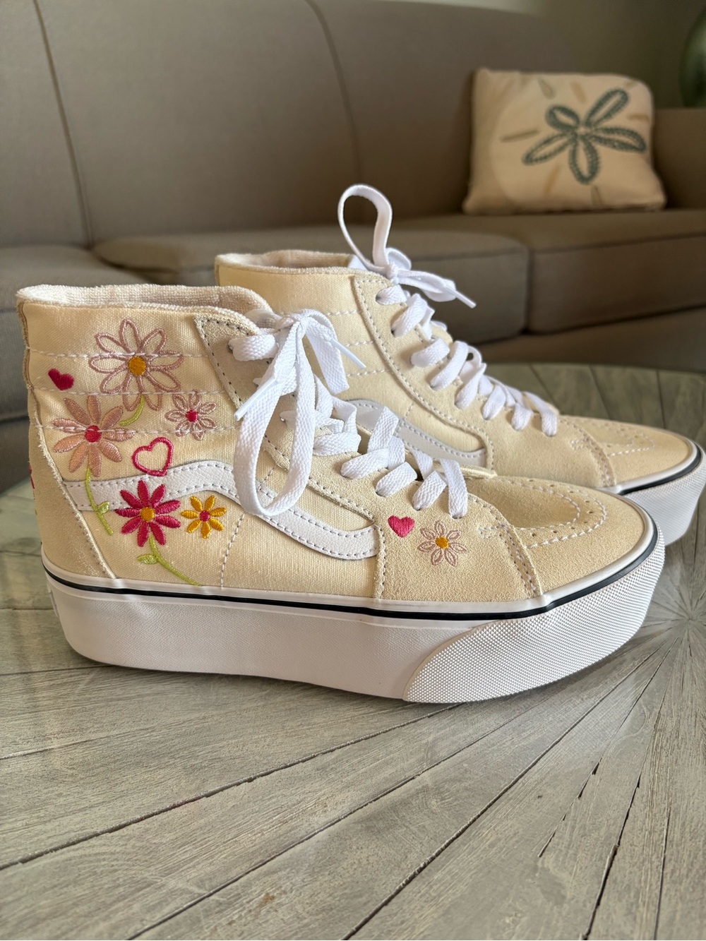 Vans Cream High-Top Sneakers with Colorful Floral Embroidery